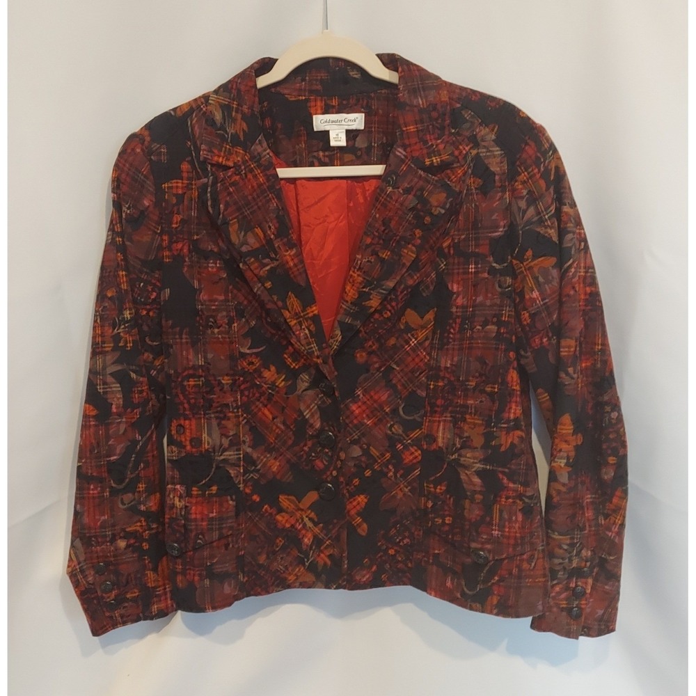 Coldwater Creek Womens Plaid Floral Fall Print Blazer Size 16